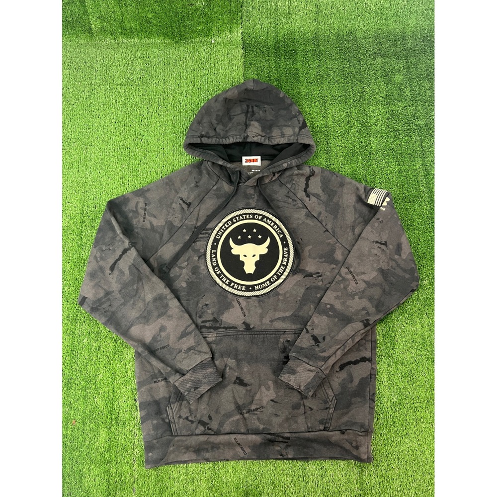 Under Armour Project Rock Freedom Camo Hoodie Brahma Bull Mens Medium Black Gray